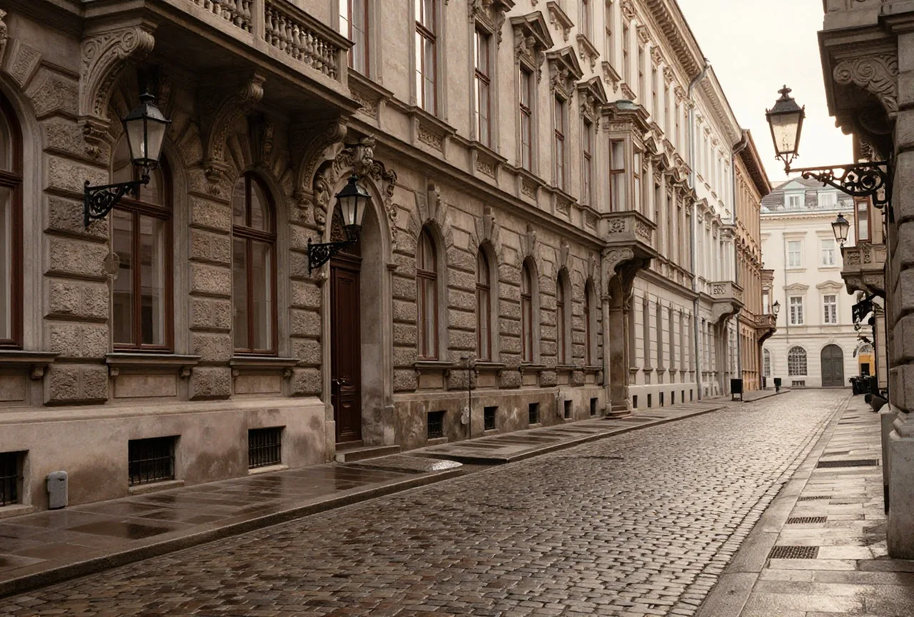 Eine leere Wiener Straße um 1900 mit grauen Stuckfassaden, Gaslaternen und nassem Kopfsteinpflaster im Morgengrauen