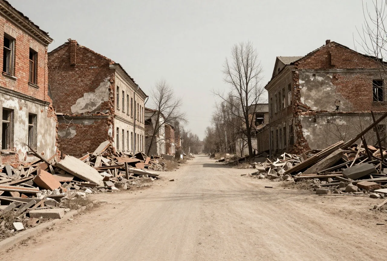 Eine zerstörte Stadtstraße im Frühjahr 1945 mit eingestürzten Backsteinfassaden, Schuttbergen und kahlen Bäumen