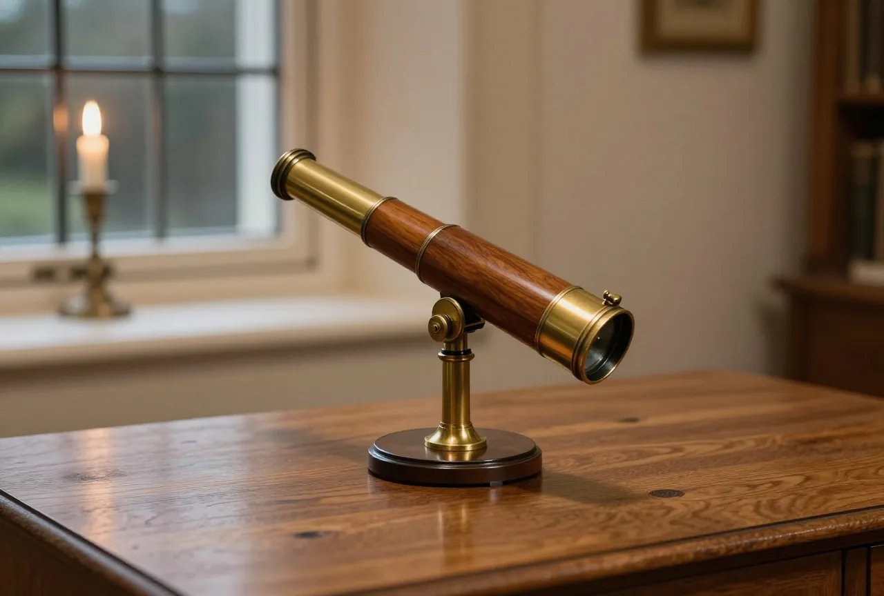 Ein kleines altes Spiegelteleskop aus Holz und Messing auf einem Eichentisch am Fenster in der Dämmerung
