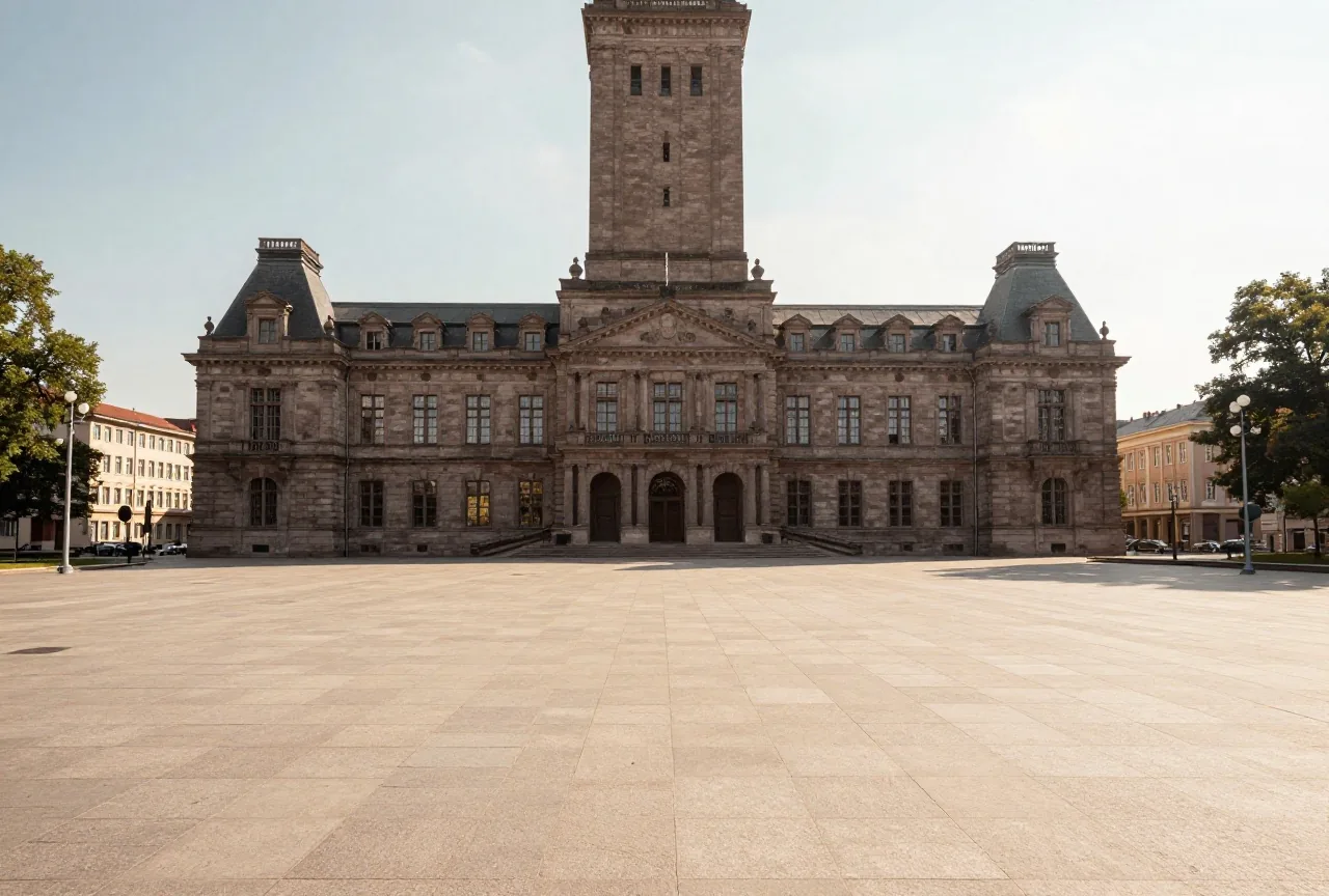 Ein weiter leerer Platz vor einem großen steinernen Rathaus mit hohem Turm im Licht eines Sommermorgens