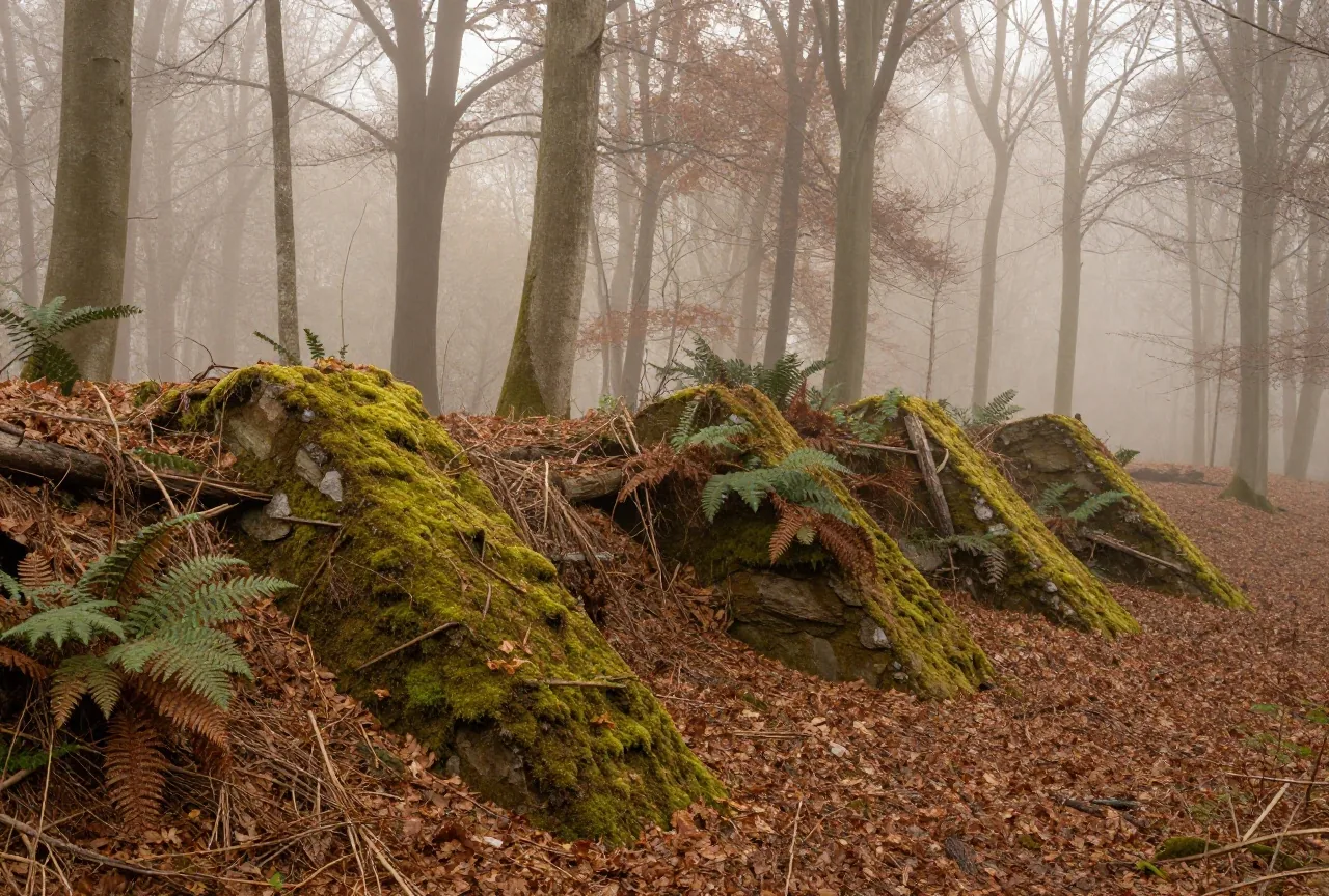 Ein nebliger Buchenwald auf einem Hügel in Norddeutschland mit moosbedeckten Resten eines frühmittelalterlichen Erdwalls