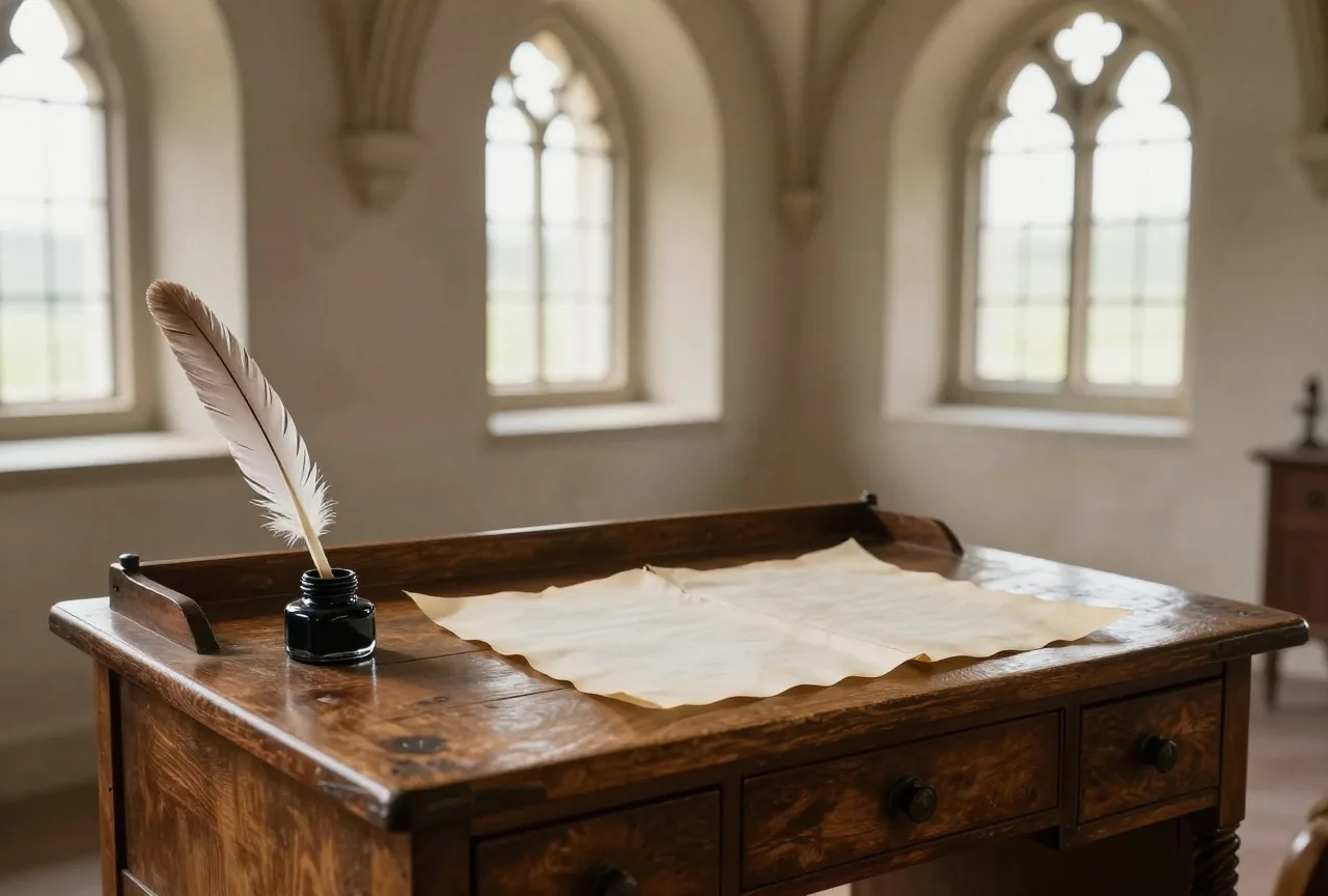 Ein Holzpult in einem Klosterraum am Rundbogenfenster mit Gänsefeder, Tintenfass und leerem Pergament