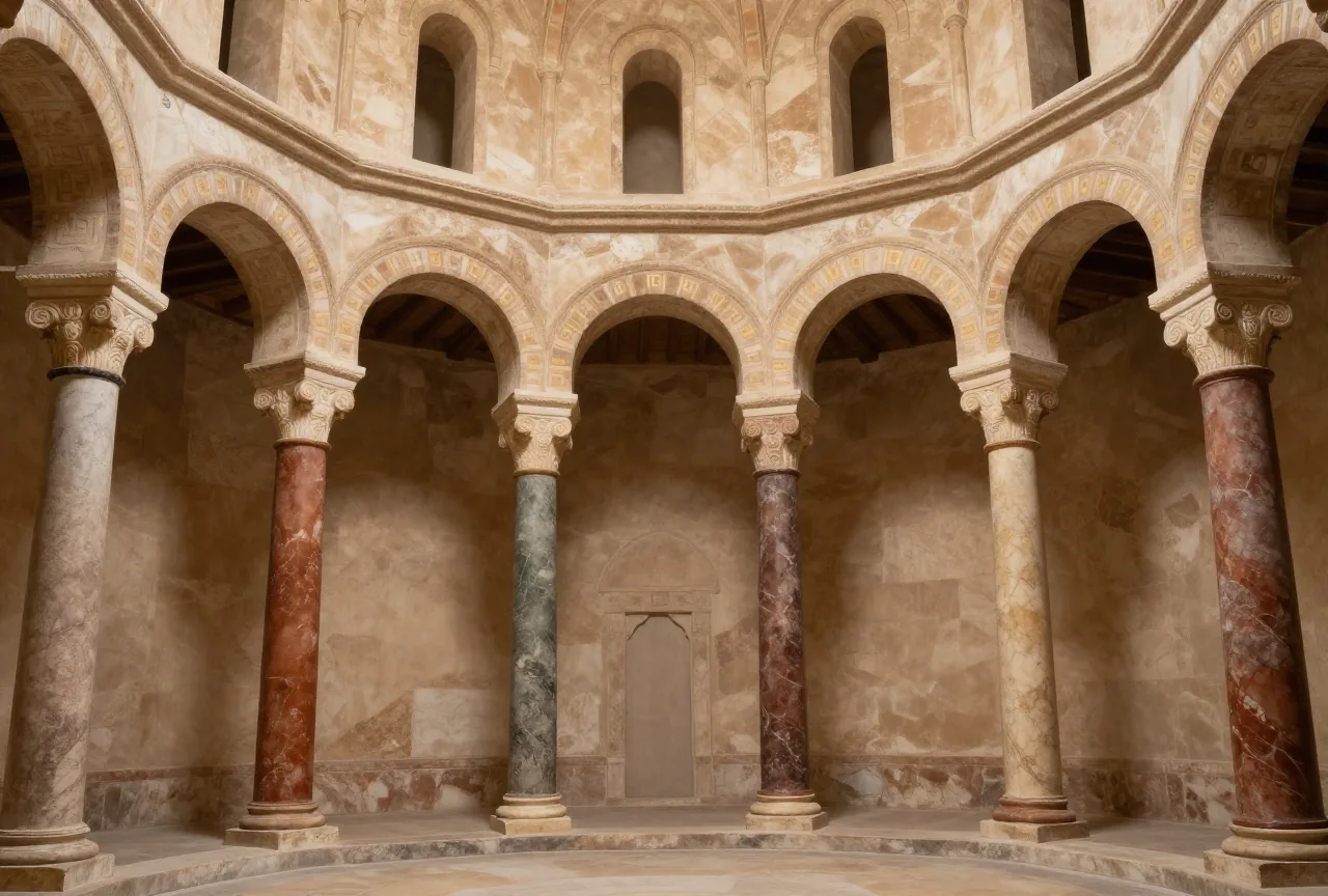 Das Innere einer achteckigen Kapelle mit Rundbögen, farbigen Marmorsäulen und goldenen geometrischen Ornamenten