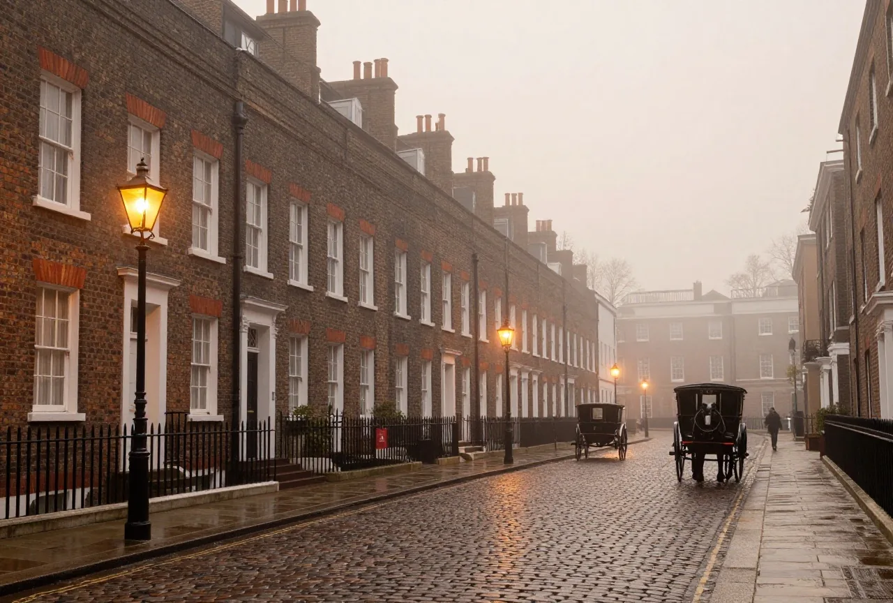 Eine neblige viktorianische Straße in London mit Backsteinreihenhäusern und Gaslaternen in der Abenddämmerung