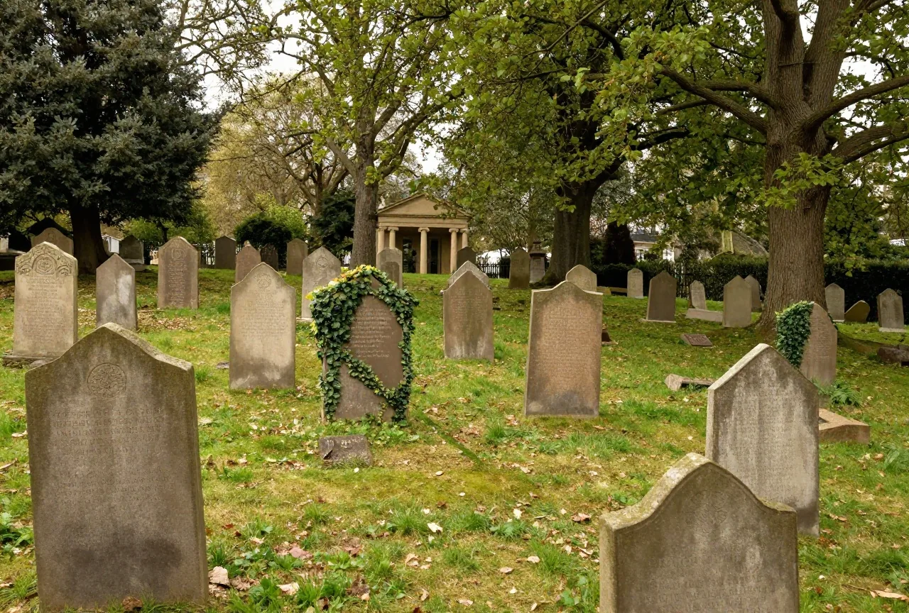 Ein verwilderter viktorianischer Friedhof am Hang mit efeubewachsenen Steinen und hohen Bäumen
