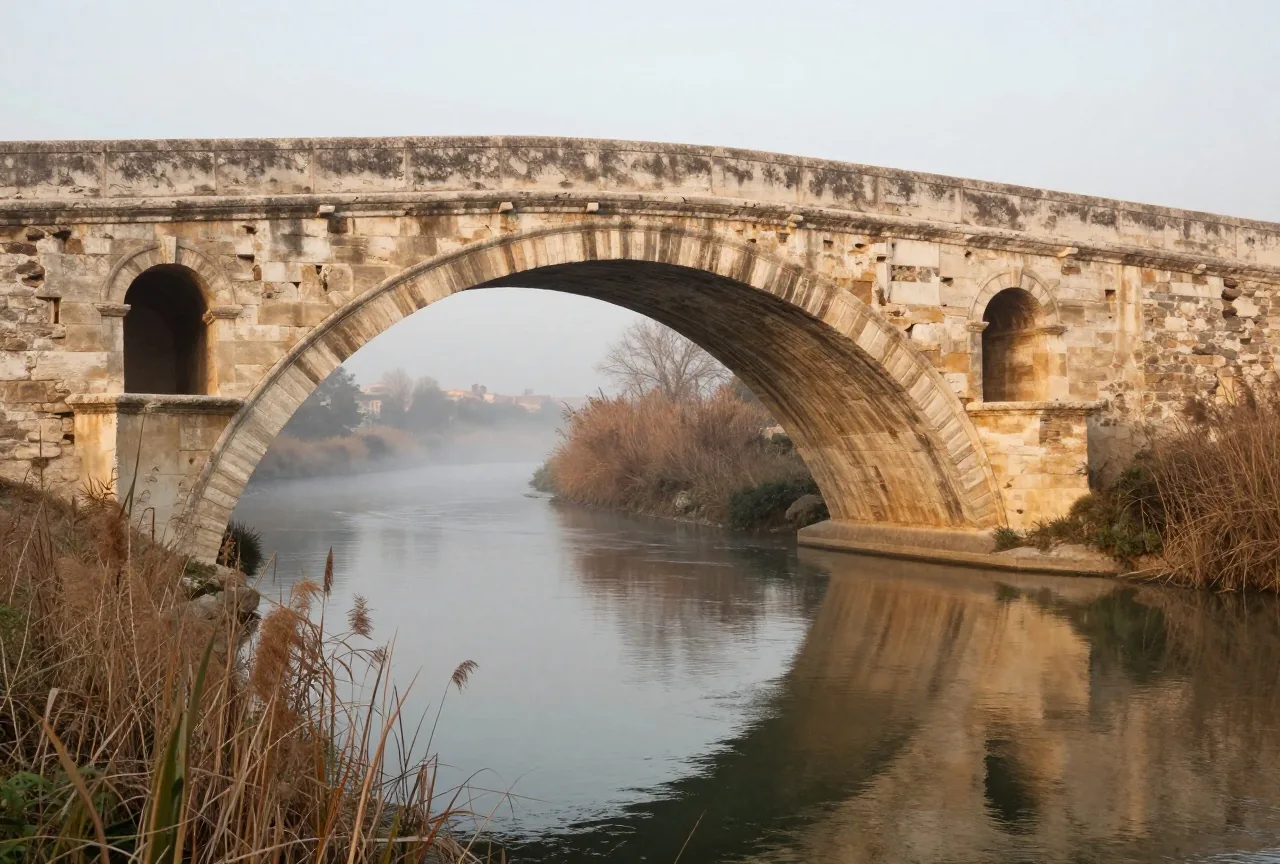 Eine antike römische Steinbogenbrücke über einem ruhigen Fluss bei Sonnenaufgang mit Schilf und leichtem Nebel