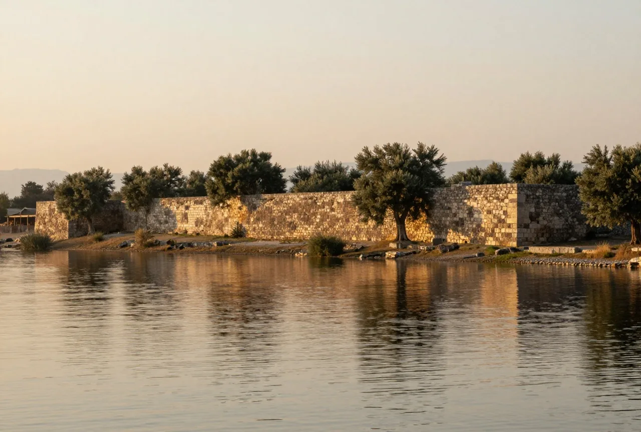 Das Ufer eines ruhigen Sees in Anatolien bei Sonnenaufgang mit niedrigen antiken Steinmauern und Olivenbäumen