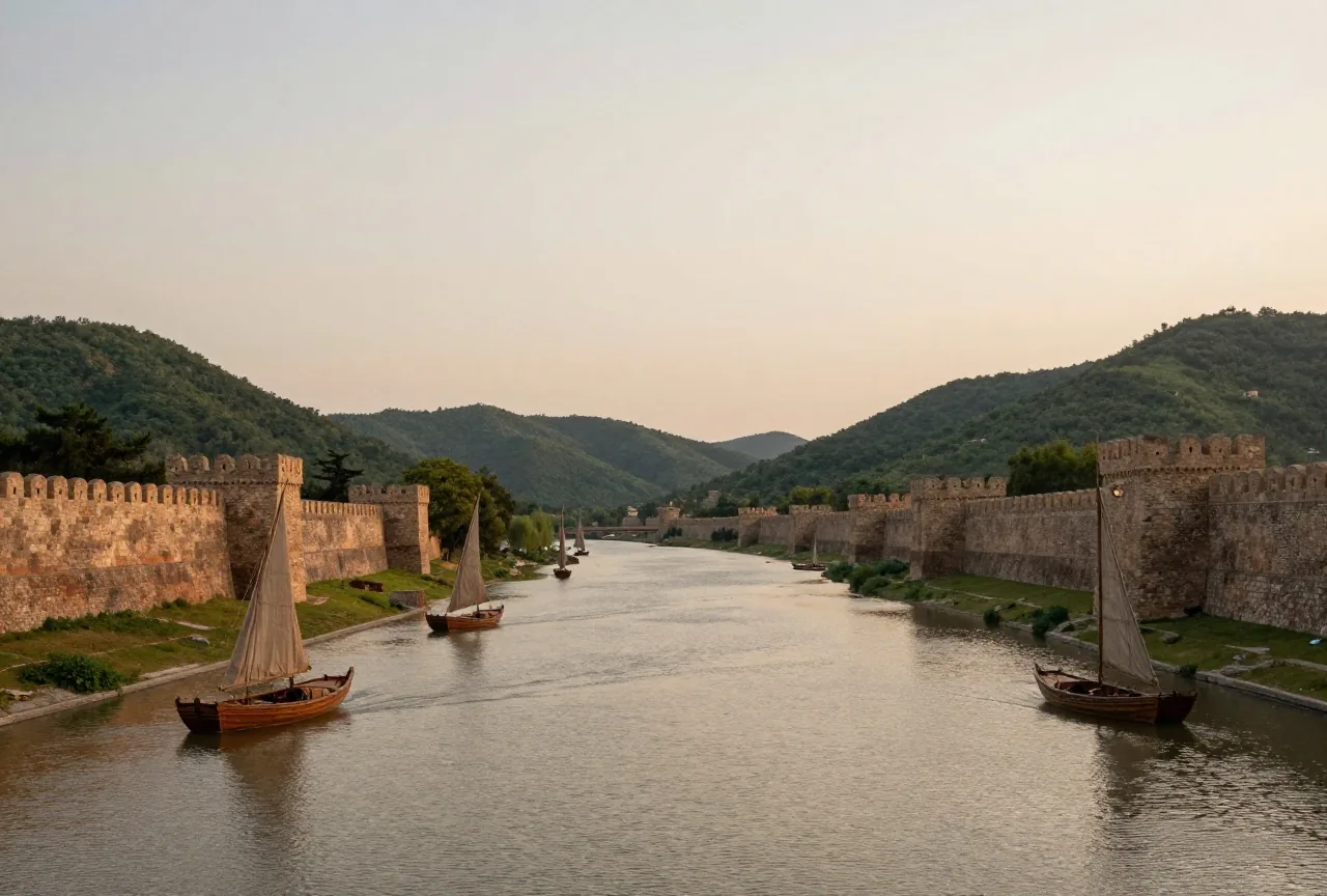 Eine Meerenge zwischen grünen Hügeln in der Abenddämmerung mit antiken Stadtmauern am Ufer und kleinen Segelbooten