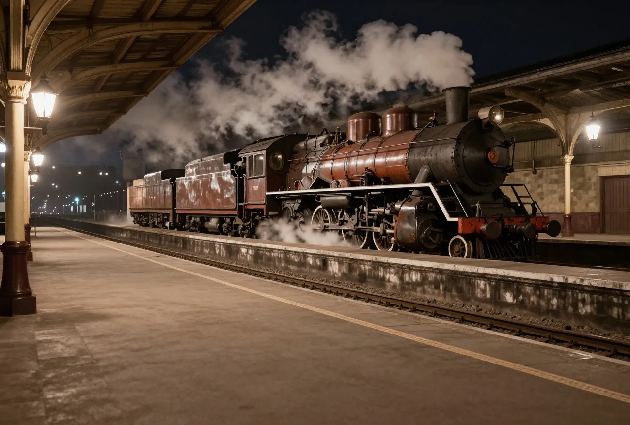 Ein leerer historischer Bahnsteig bei Nacht mit alter Dampflokomotive, Dampfschwaden und schwachen Gaslampen