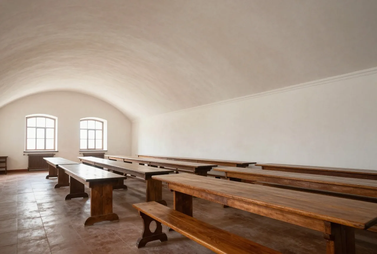 Ein leerer langer Klosterspeisesaal mit Gewölbedecke, weißen Wänden und langen Holztischen im Tageslicht