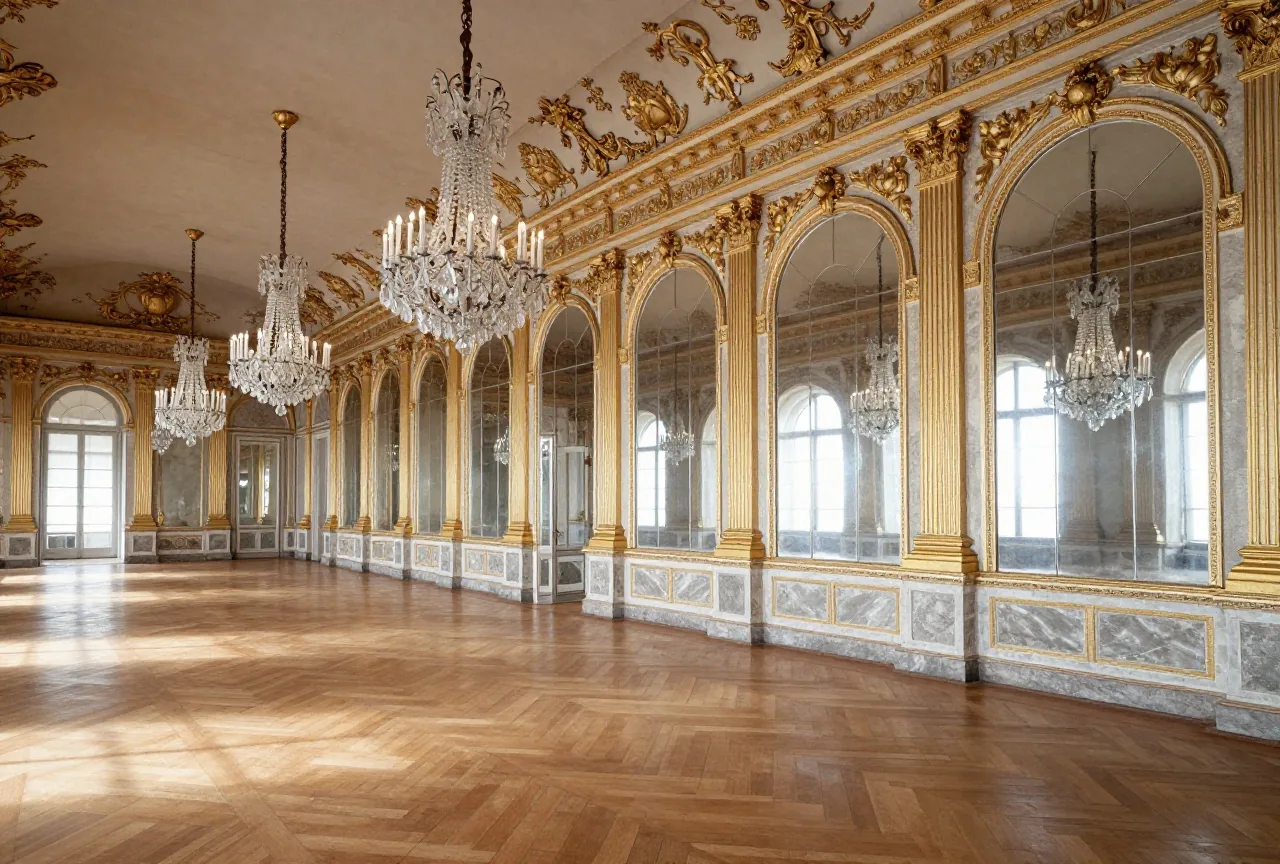 Eine lange leere Barockgalerie mit hohen Bogenspiegeln, Kristallleuchtern und vergoldeter Decke im Morgenlicht