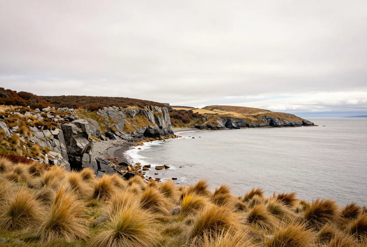 Eine weite windige Bucht an der Küste Patagoniens im Herbst mit grauen Klippen und gelbem Gras