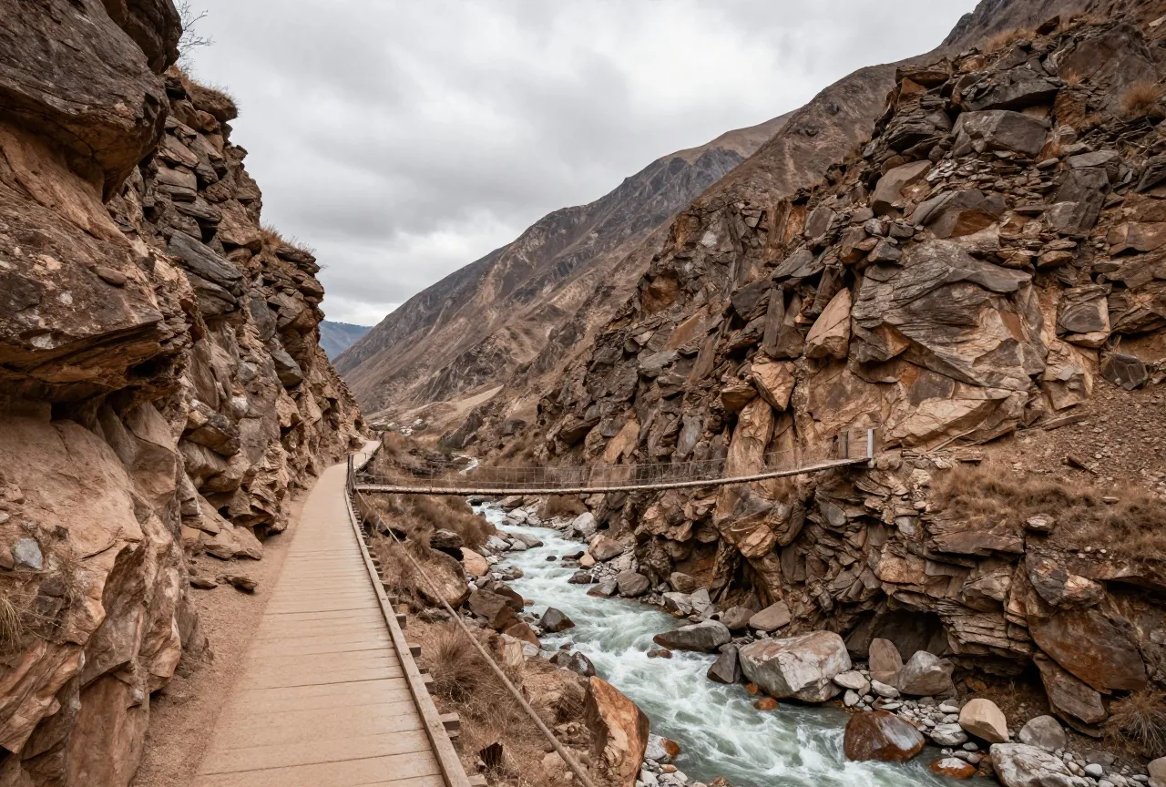 Ein schmaler Bergpfad an einer steilen Schlucht mit Hängebrücke über einem reißenden Fluss