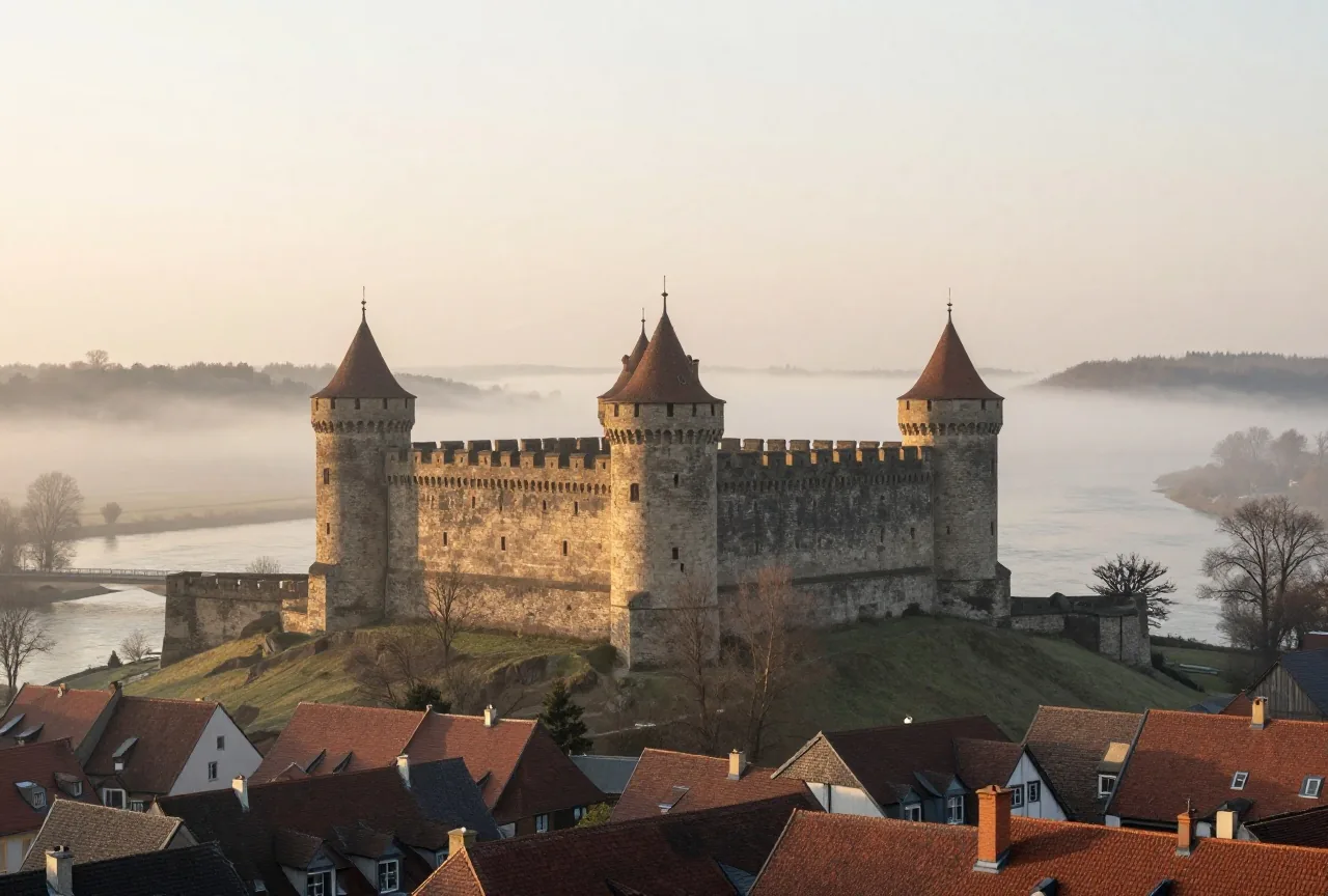 Eine Burg mit vier Ecktürmen auf einem Hügel über einem breiten Fluss im Morgennebel