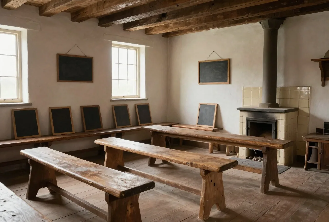 Ein schlichtes Dorfschulzimmer aus dem 18. Jahrhundert mit Holzbänken, leeren Schiefertafeln und einem Kachelofen