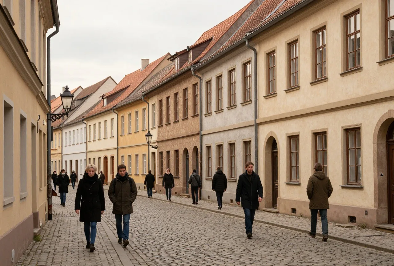 Eine ruhige Straße einer mitteleuropäischen Stadt mit verputzten Häusern, Kopfsteinpflaster und Gaslaternen im Winter