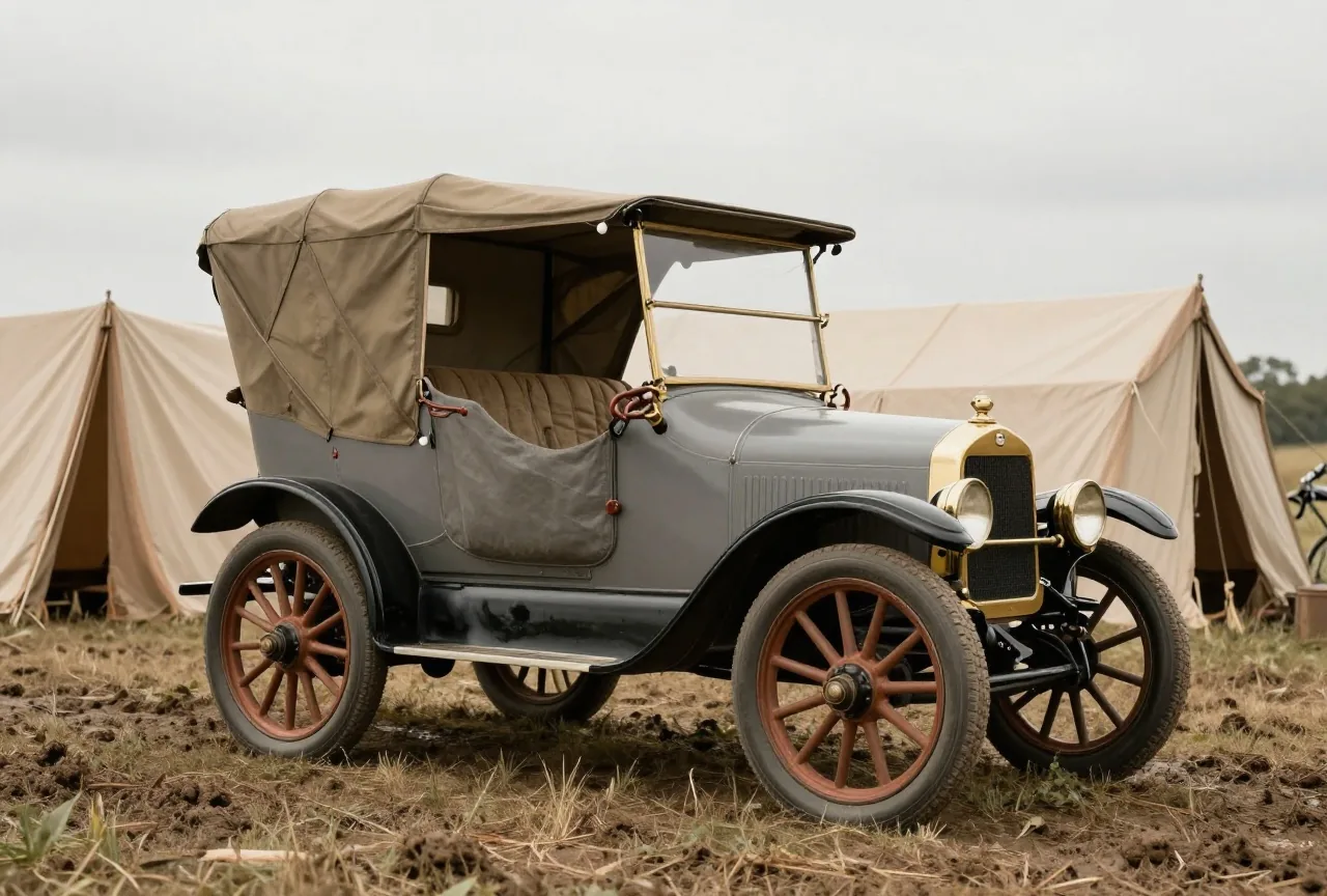 Ein Automobil aus den 1910er Jahren mit grauem Planenaufbau neben einem Zelt auf einer schlammigen Wiese