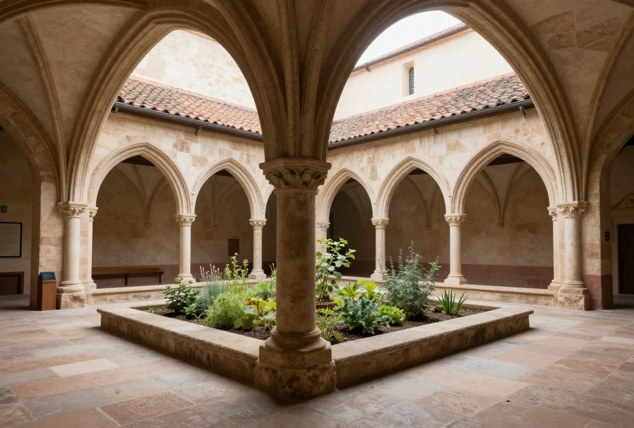Ein stiller spätgotischer Klosterkreuzgang mit Spitzbögen um einen kleinen Kräutergarten im Morgenlicht