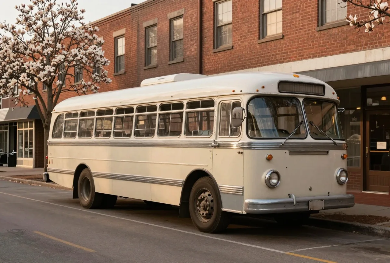 Ein leerer Stadtbus aus den 1950er Jahren an einer ruhigen Straße mit Backsteinhäusern und Magnolienbäumen
