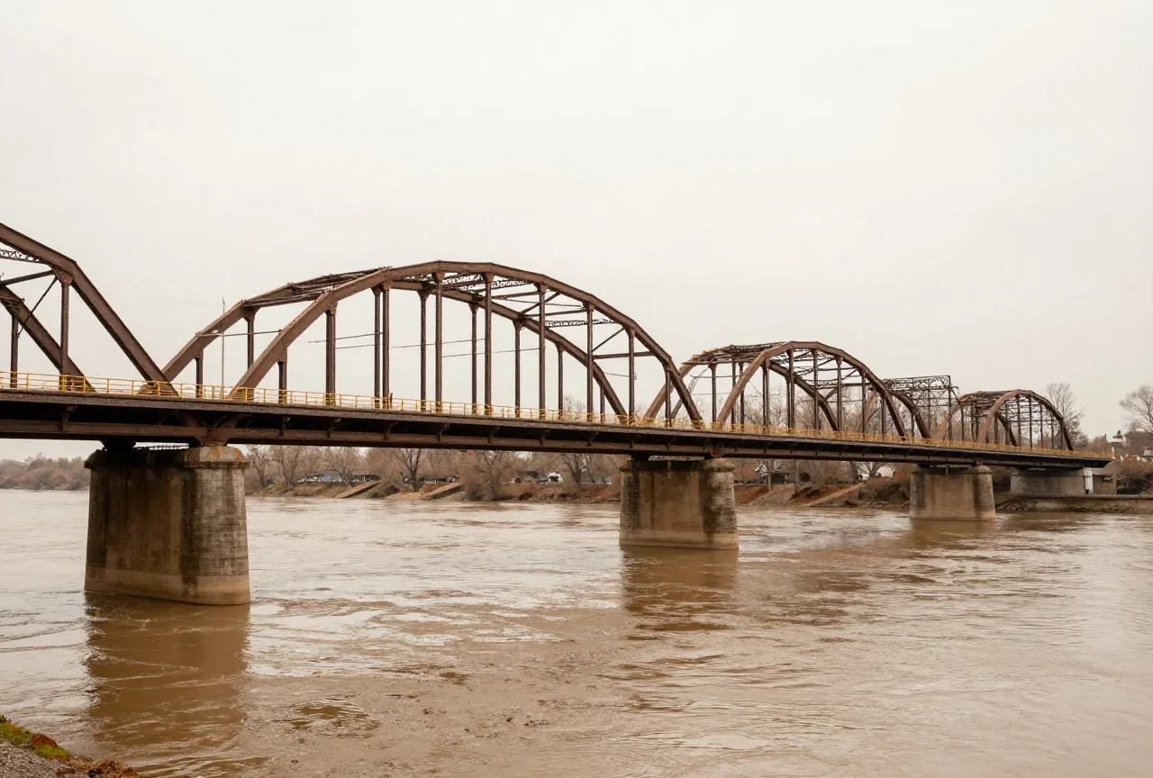 Eine lange Stahlbogenbrücke über einem braunen Fluss an einem bewölkten Frühlingstag mit leerer Straße