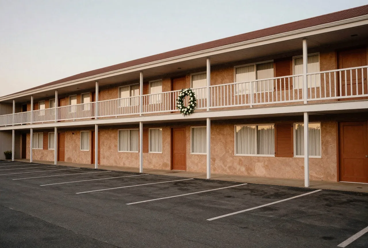 Ein zweistöckiges Motel mit offenem Balkon in der Dämmerung, ein Kranz aus weißen Blumen am Geländer