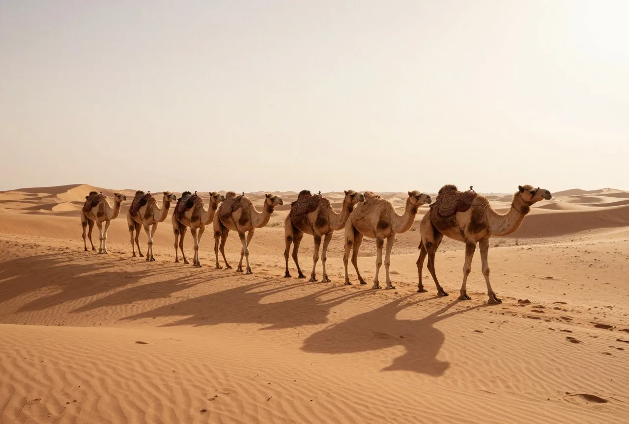 Eine Kamelkarawane zieht bei Sonnenuntergang über goldene Sanddünen der Arabischen Wüste