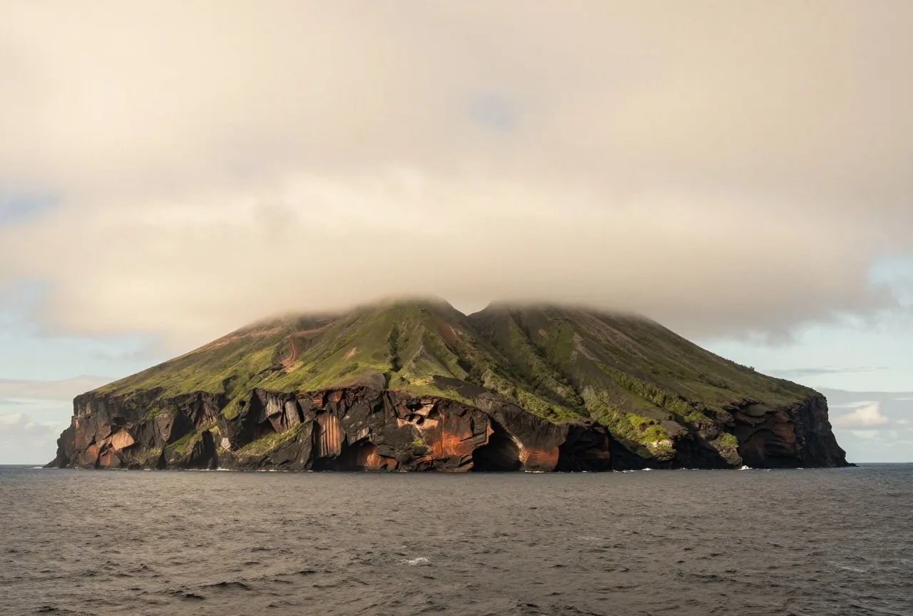 Eine abgelegene Vulkaninsel im Südatlantik mit steilen grünen Klippen, tiefen Wolken und rauer See