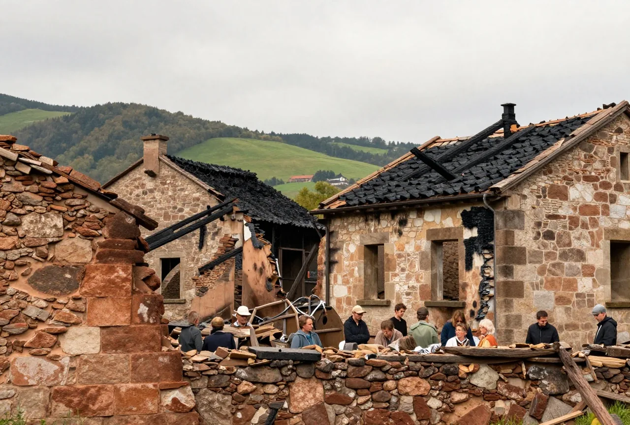 Ruinen einer kleinen baskischen Stadt mit zerbrochenen Steinmauern und verkohlten Dachbalken vor grünen Hügeln
