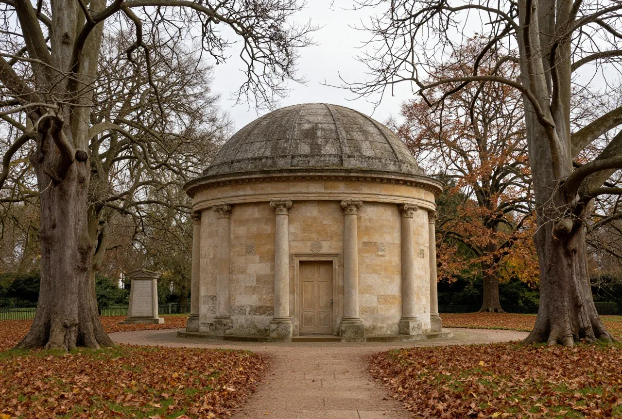 Ein stilles Mausoleum mit Kuppel zwischen alten Bäumen in einem englischen Park im Herbst mit Laub auf dem Weg