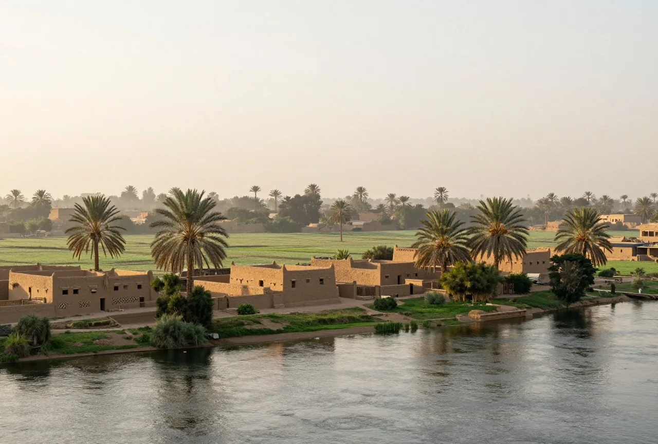 Das grüne Nildelta im Morgengrauen mit Dattelpalmen, Lehmziegelhäusern und einem ruhigen Flussarm im Dunst