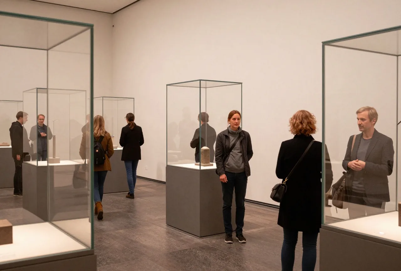 Ein ruhiger moderner Museumssaal mit indirektem Licht und leeren Glasvitrinen auf dunklem Steinboden