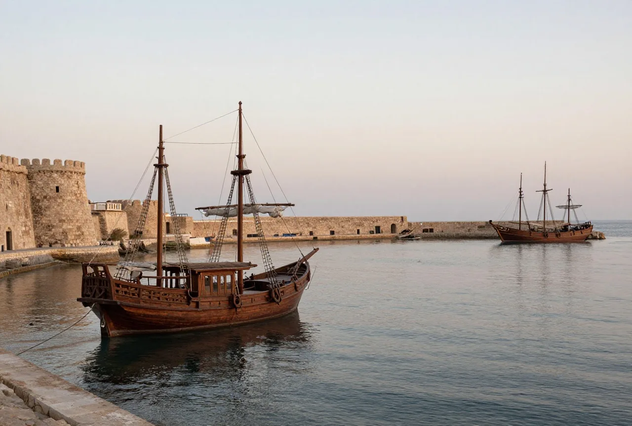 Ein mittelalterlicher Hafen mit Steinmauern an der östlichen Mittelmeerküste und hölzernen Segelschiffen vor Anker