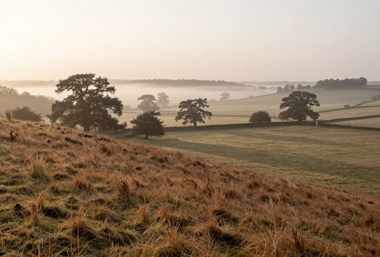 Ein sanft ansteigender Grashang über einem weiten Tal in Südengland im Morgennebel mit vereinzelten Eichen