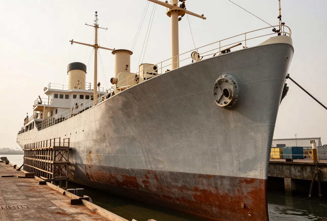 Ein großer genieteter Schiffsrumpf aus grauem Stahl vom Anfang des 20. Jahrhunderts in einem Trockendock mit Gerüsten