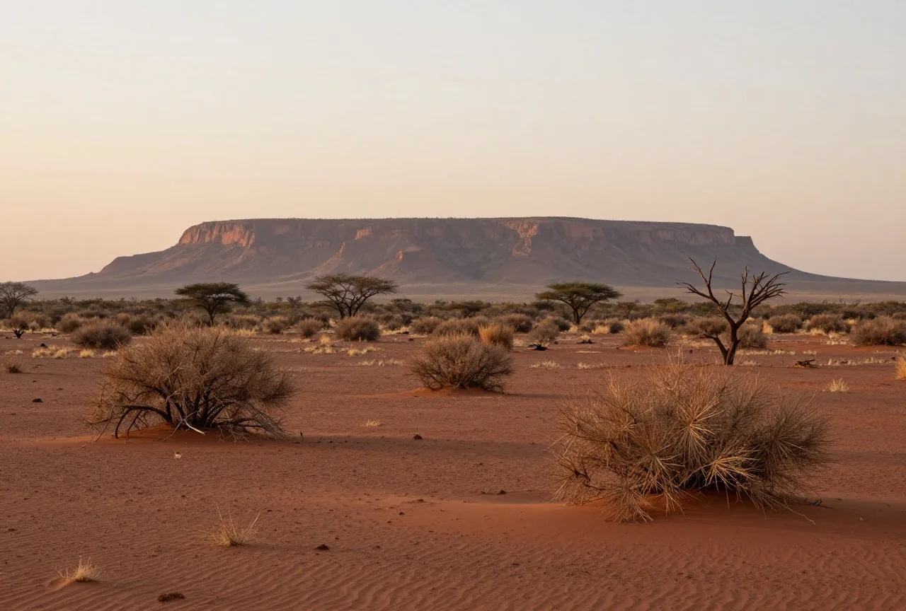 Eine weite trockene Savanne in Namibia in der Abenddämmerung mit Dornbüschen, rotem Sand und einem Tafelberg