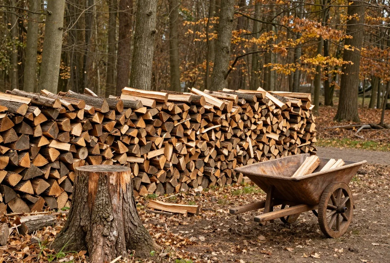 Eine Lichtung in einem niederländischen Park mit gestapeltem Brennholz, einem Baumstumpf und einer Holzschubkarre