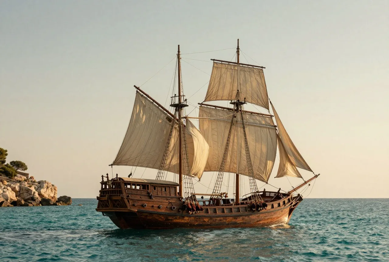 Ein altes hölzernes Segelschiff mit Rahsegeln auf ruhigem türkisfarbenem Meer vor einer felsigen Mittelmeerküste