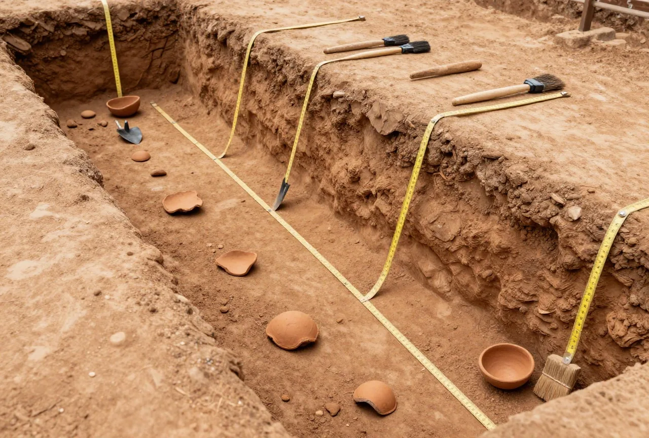 Ein archäologischer Grabungsschnitt mit Messschnüren, Kellen, Pinseln und Tonscherben in roter Erde