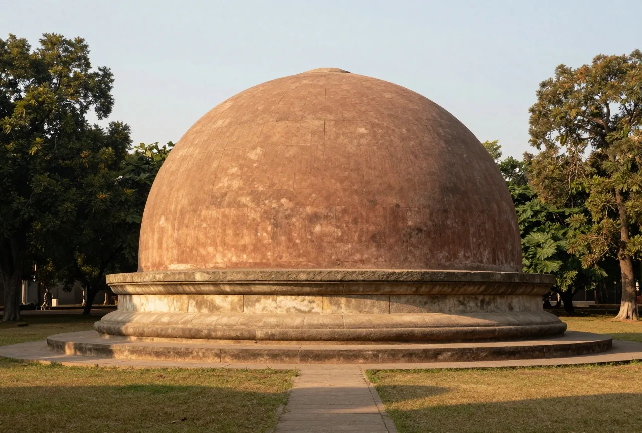 Ein alter halbkugelförmiger Stupa aus Stein auf einer grasbewachsenen Terrasse im warmen Nachmittagslicht