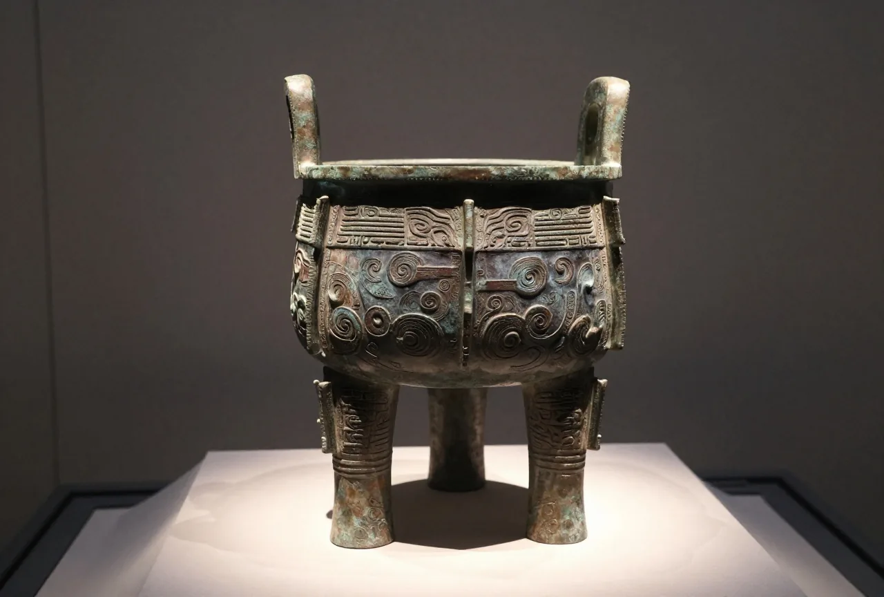 Ein altes dreibeiniges Bronzegefäß mit Spiralornamenten auf einem Steinsockel in gedämpftem Museumslicht
