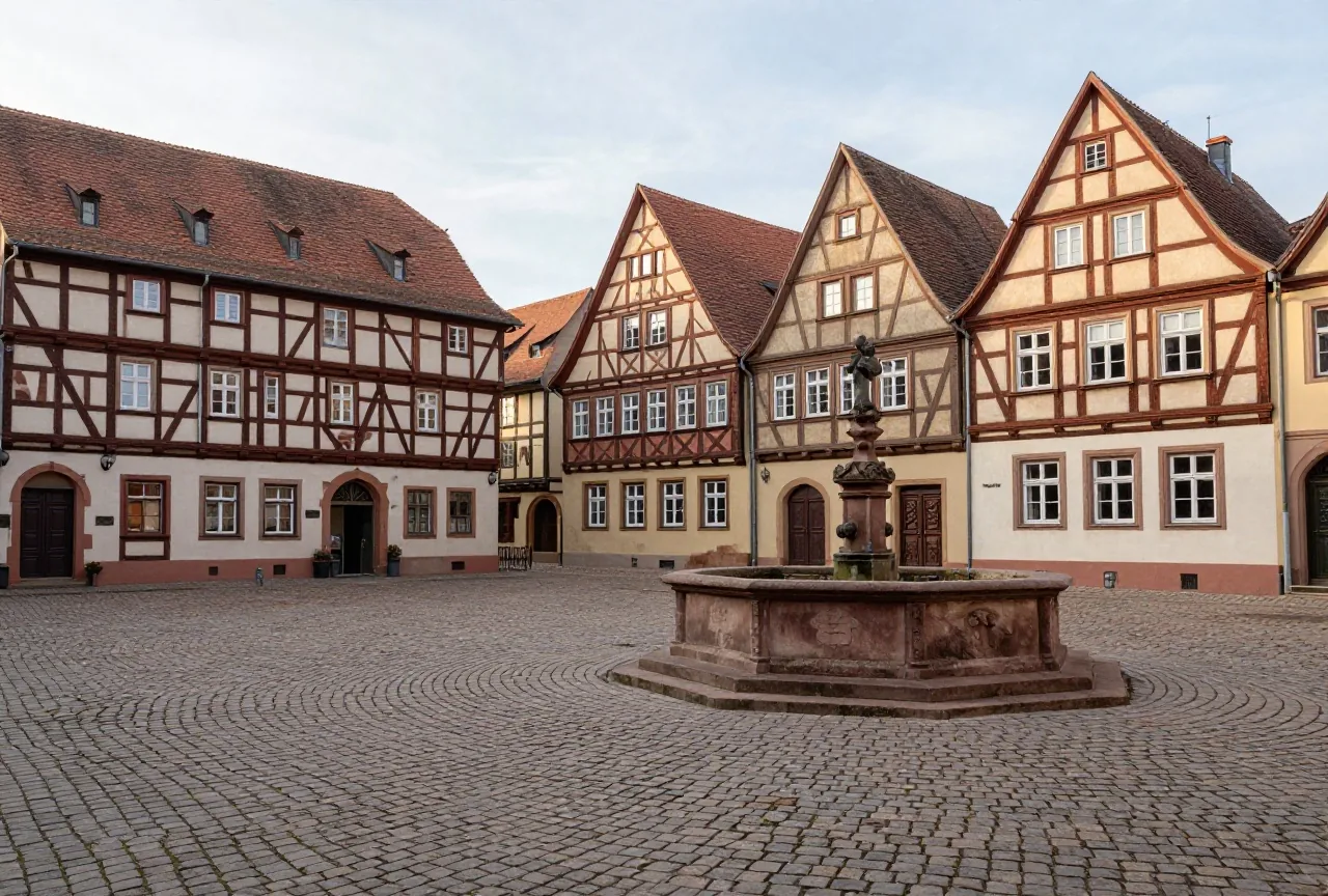 Ein gepflasterter Marktplatz einer alten deutschen Stadt mit Fachwerkhäusern und Steinbrunnen am frühen Morgen
