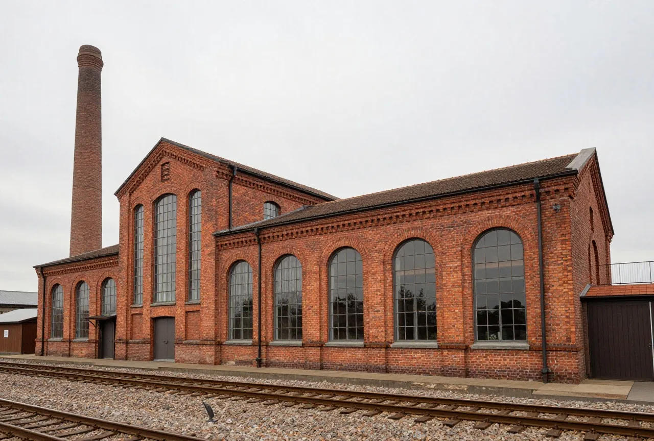 Eine alte Fabrikhalle aus rotem Backstein mit hohen Schornsteinen und Bogenfenstern neben einem Bahngleis