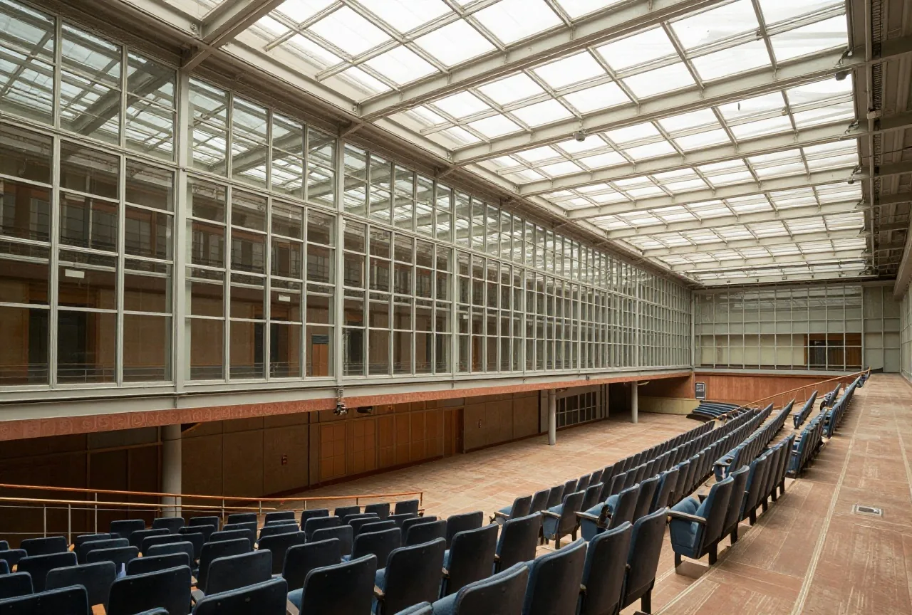 Ein leerer moderner Plenarsaal aus Glas und Stahl mit blauen Sitzreihen im Halbkreis unter einem Glasdach