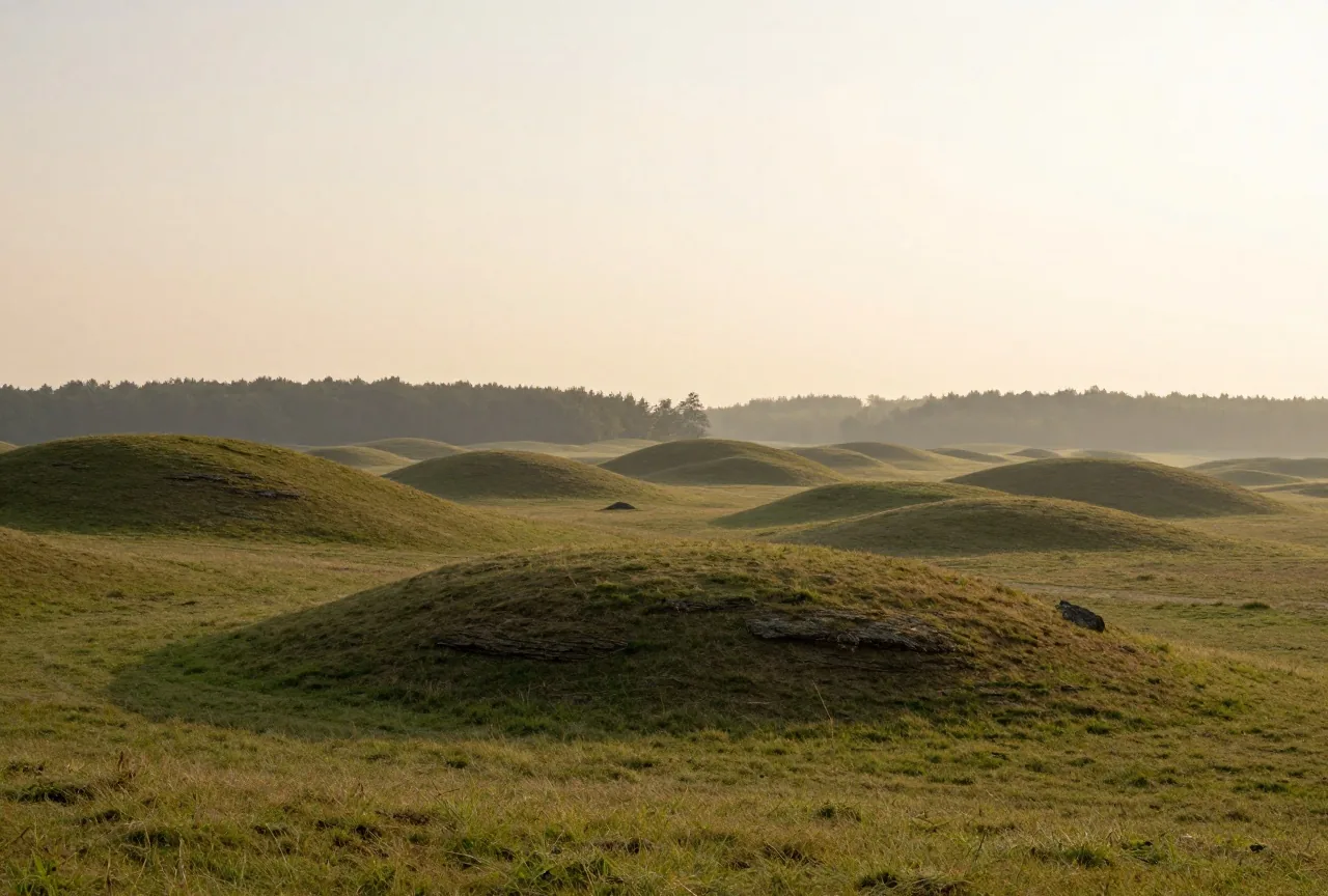 Grüne Wiesen mit alten, von Gras überwachsenen Kratern und einem Waldrand unter blassem Morgenhimmel mit Nebel