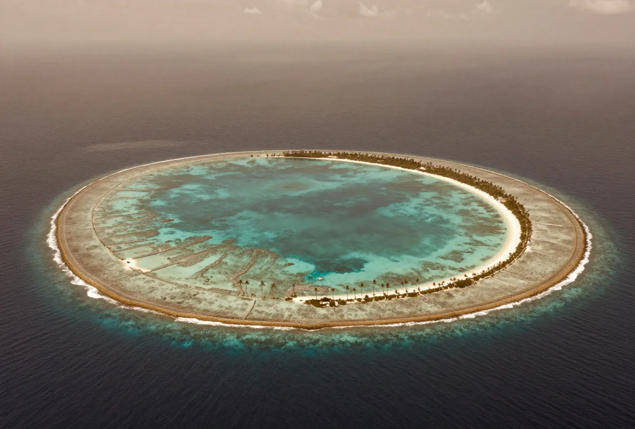 Luftbild eines abgelegenen ringförmigen Korallenatolls mit türkisfarbener Lagune, schmalem Palmenstreifen und weißen Stränden