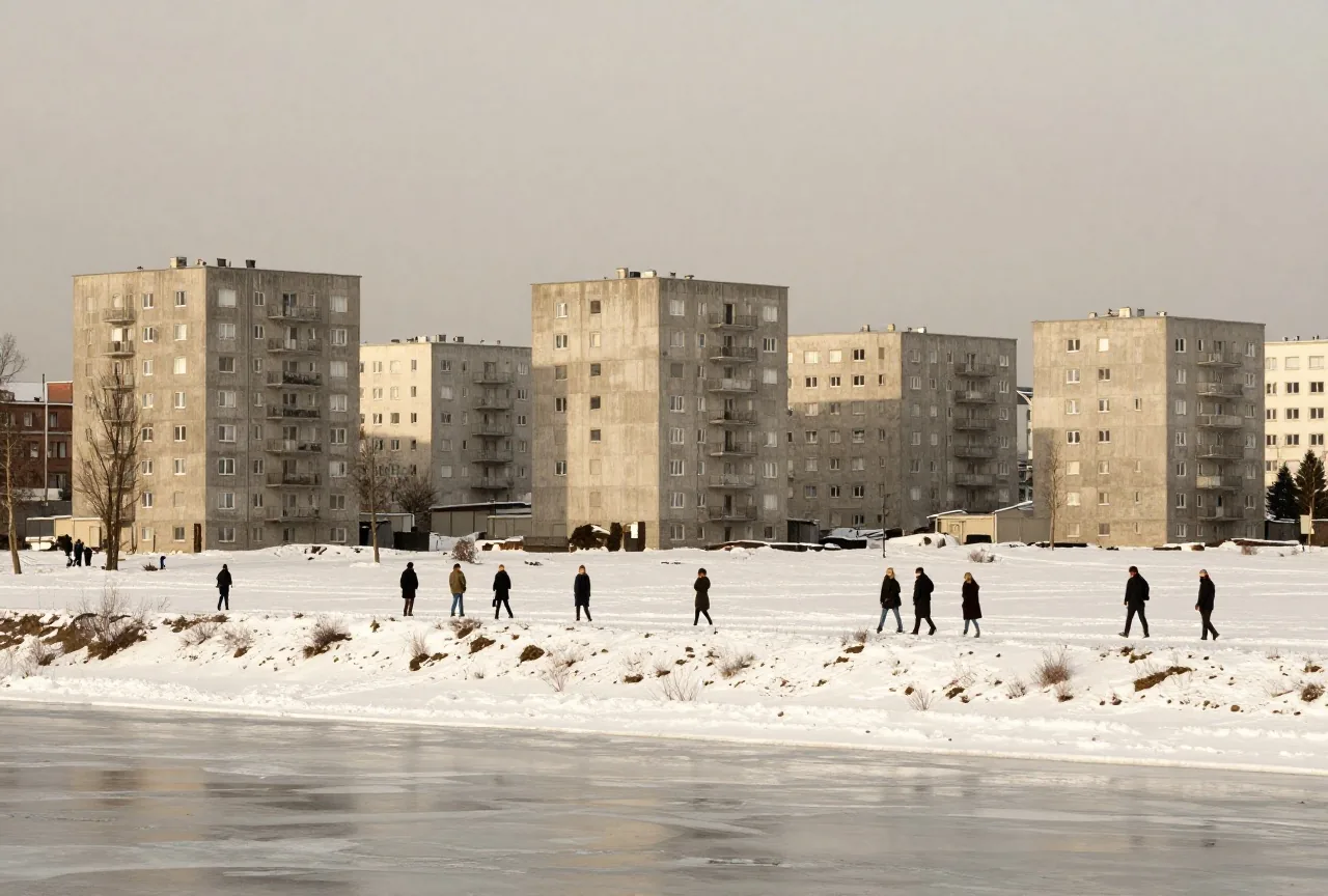 Eine verschneite Ebene am Rand einer Großstadt mit schlichten Wohnblöcken unter grauem Himmel und einem zugefrorenen Fluss