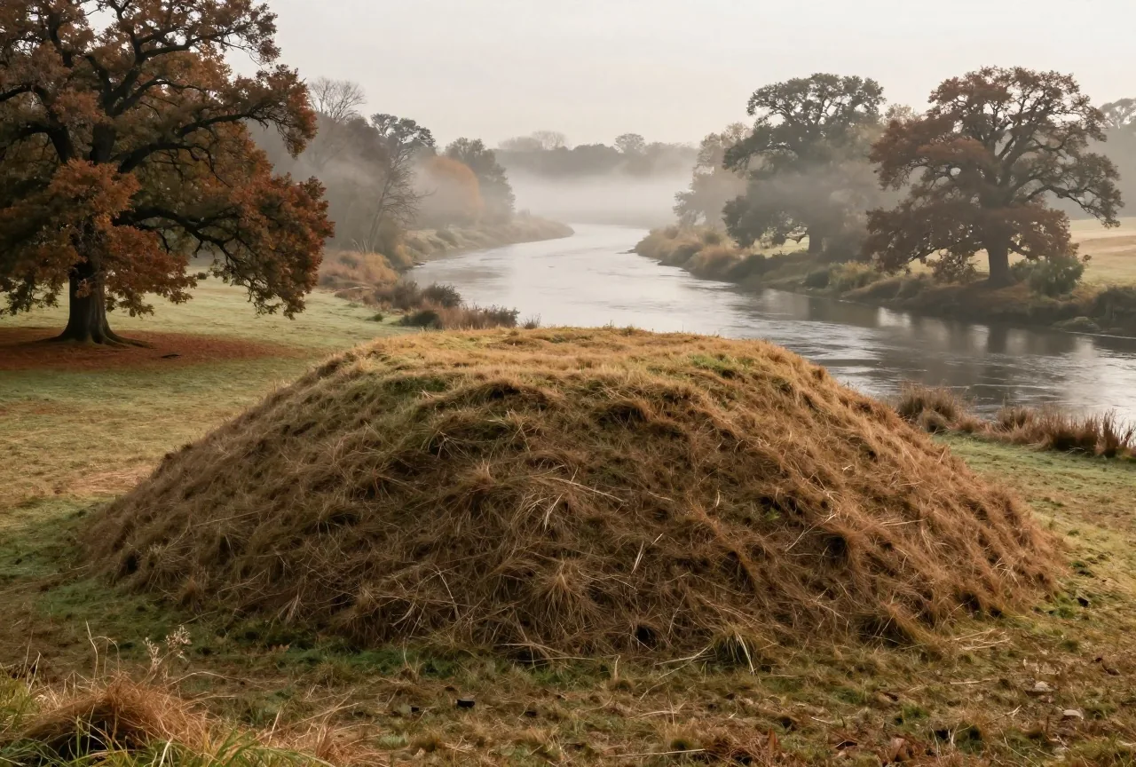 Ein großer grasbewachsener Erdhügel neben einem breiten Flusstal im Morgennebel, umgeben von Wiesen und alten Eichen