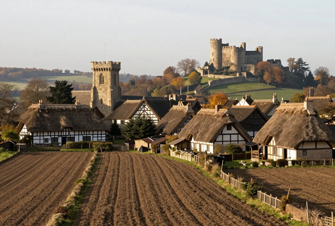 Ein mittelalterliches Dorf mit schmalen Ackerstreifen, strohgedeckten Häusern, einem Kirchturm und einer Burg in der Ferne