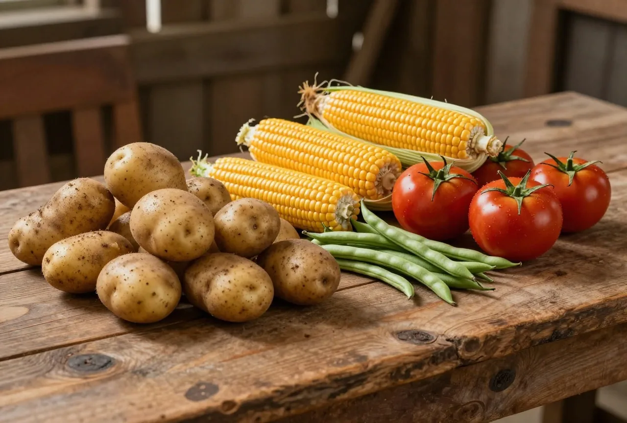 Kartoffeln, Maiskolben, rote Tomaten und grüne Bohnen auf einem groben Holztisch in einer Scheune