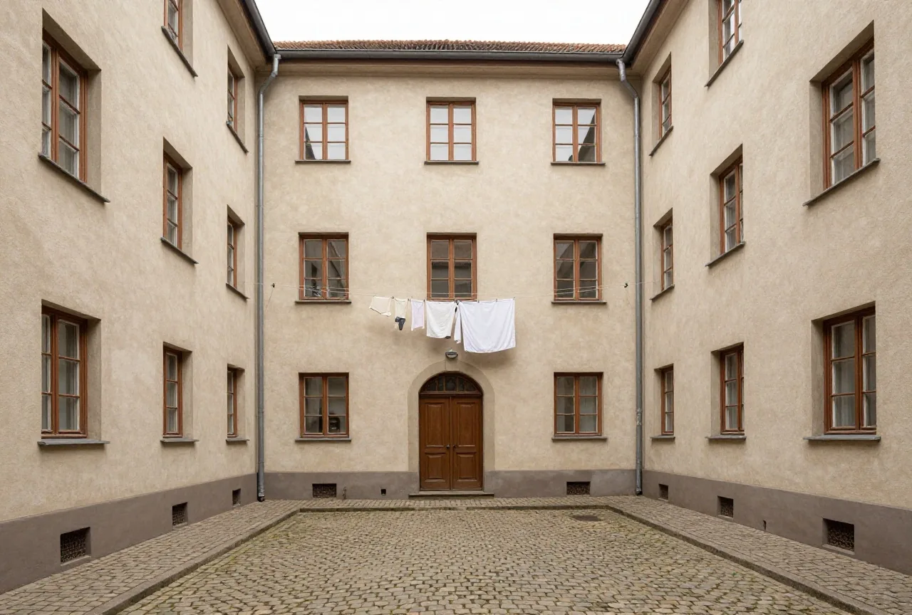 Ein enger Hinterhof eines fünfgeschossigen Mietshauses aus dem 19. Jahrhundert mit Wäscheleinen und Kopfsteinpflaster
